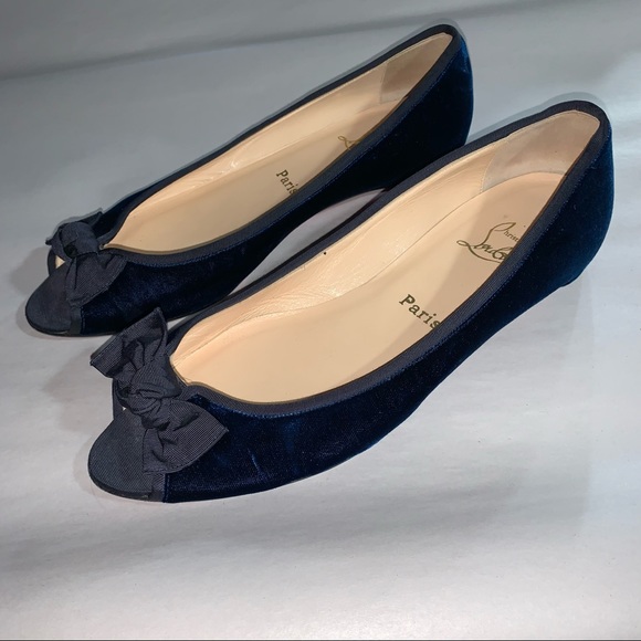 CHRISTIAN LOUBOUTIN size 40 dark blue SILK VELVET peep toe ballet flats - Picture 4 of 9